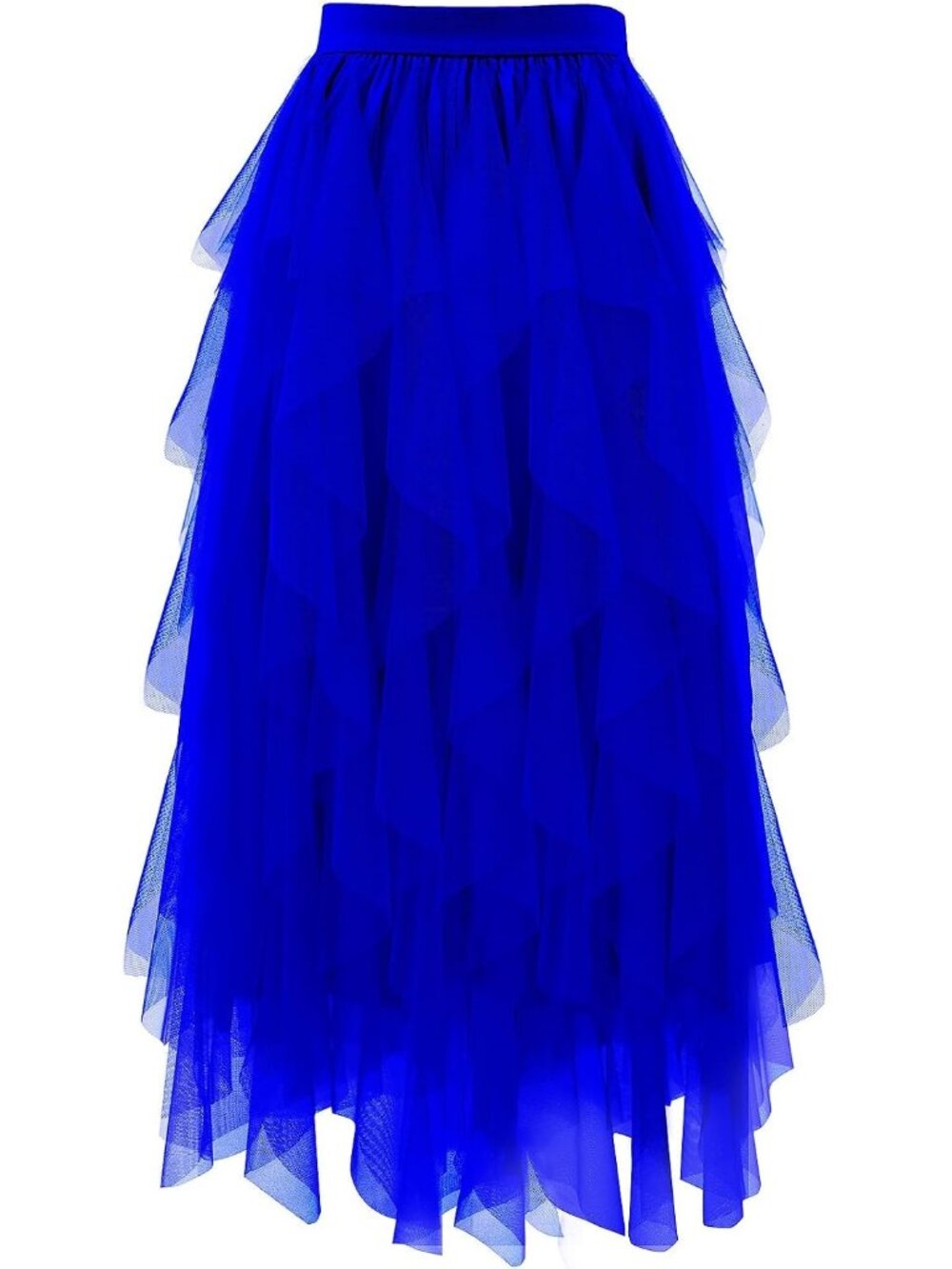 Women Royal Blue High Waist Layered Tulle Mesh Ruffle Asymmetric Midi Tutu Skirt